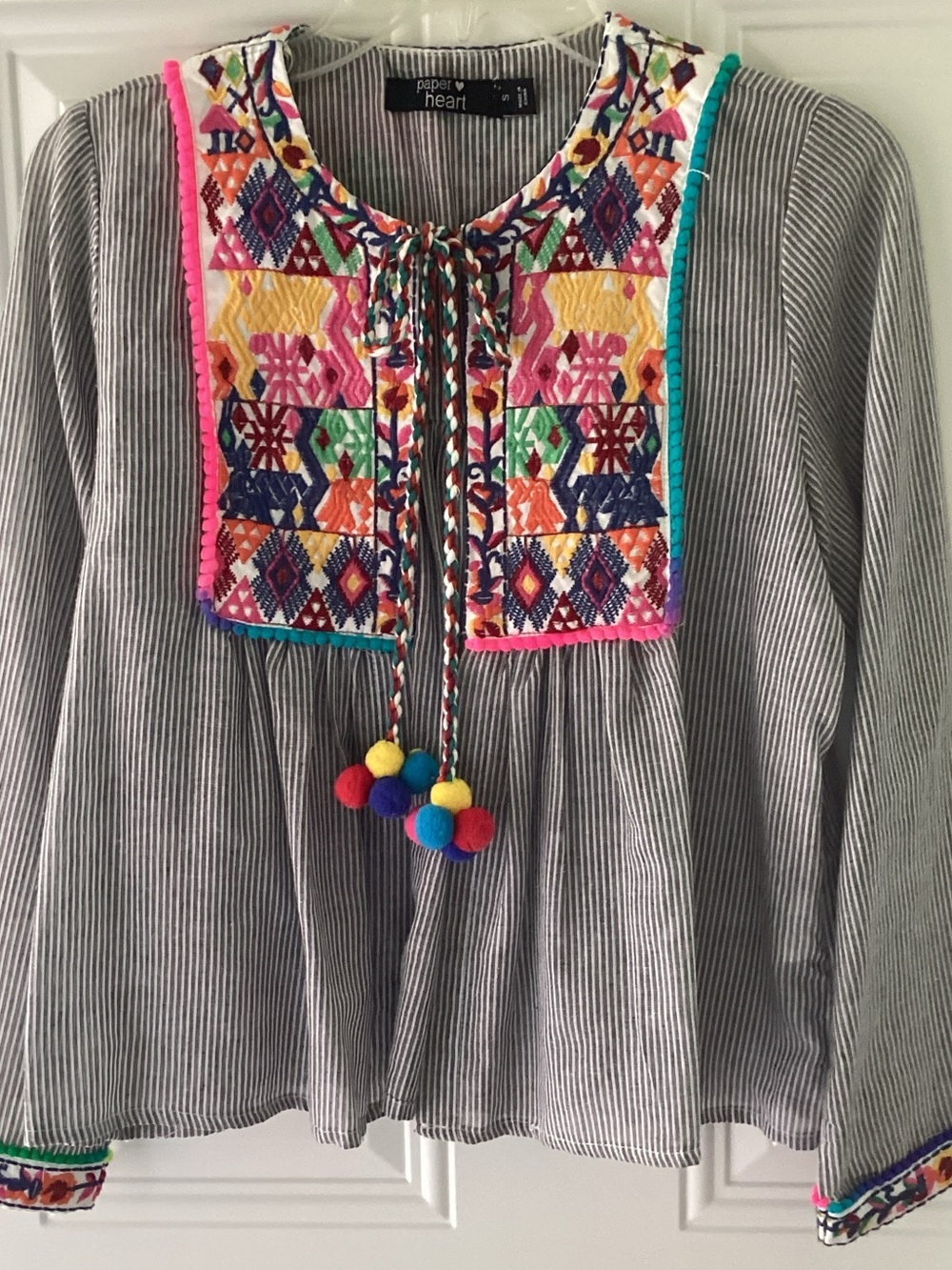 Paper Heart Gray Striped Embroidered Tunic with Multicolor Pom-Pom Trim